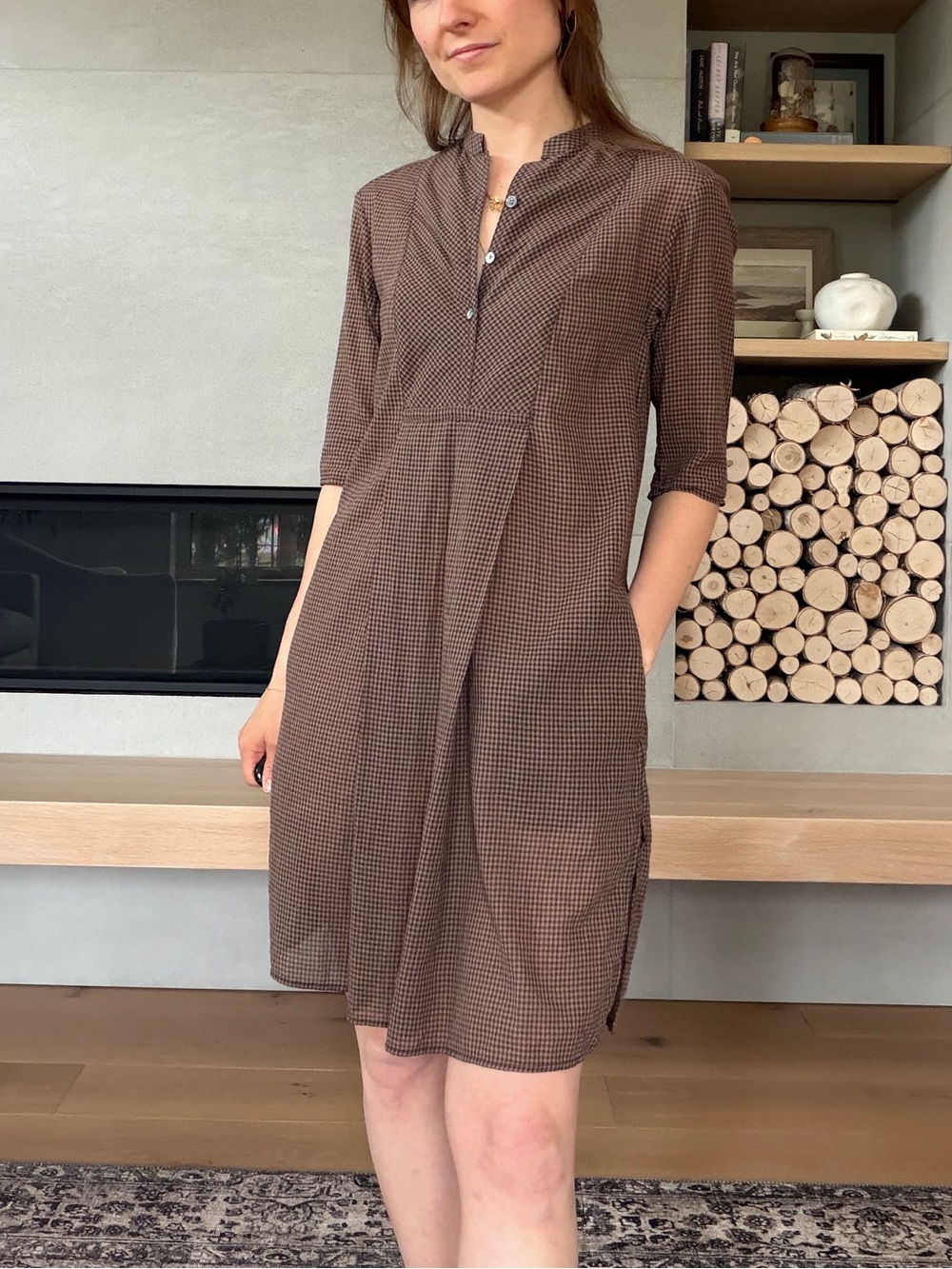 James Perse cotton Brown and Cream gingham Button-Front Dress xs